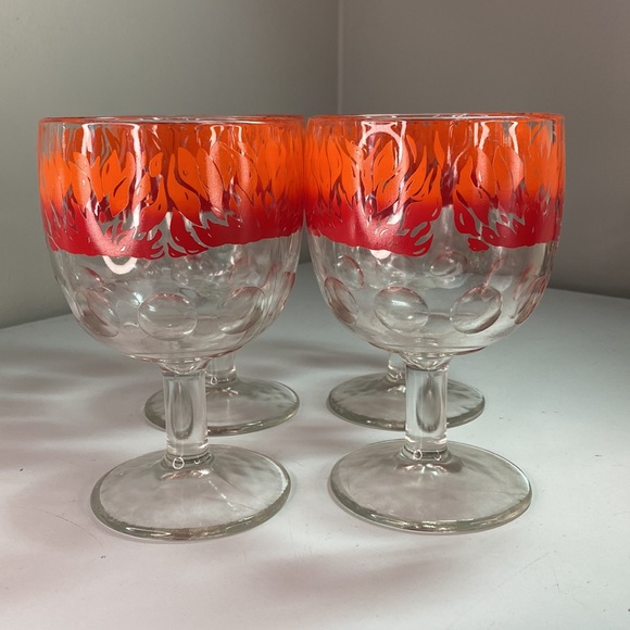 Vintage Set of Four Thumbprint Ring of Fire Chalice Glasses - Picture 3 of 6